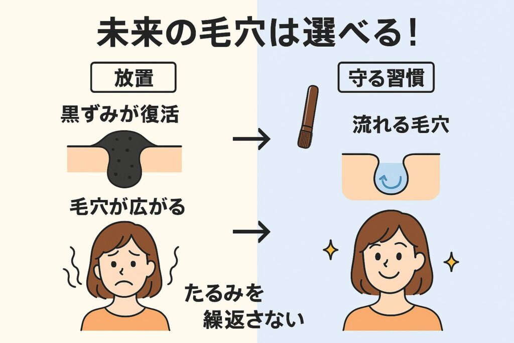「未来の毛穴は選べる!」と題された分岐イラスト。
左側は「放置」の未来として、黒ずみが復活し、毛穴が広がり、悩む女性の表情が描かれている。
右側は「守る習慣」の未来として、ブラシで毛穴を動かし、流れる毛穴になり、黒ずみを繰り返さず笑顔の女性が描かれている。