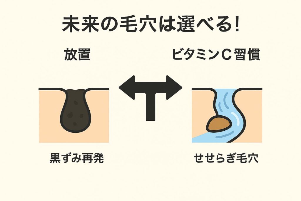 「未来の毛穴は選べる！と書かれた図。左側は『放置』で黒ずみが再発した毛穴、右側は『ビタミンC習慣』で透明な水が流れる“せせらぎ毛穴”が描かれている。中央に分岐を示す矢印。」
