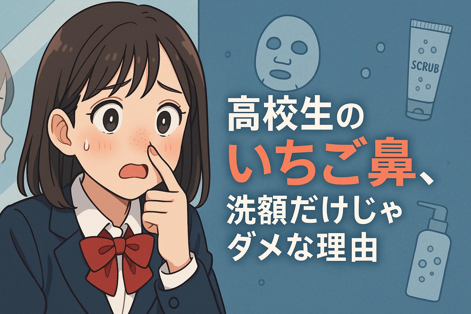 制服姿の女子高生が鏡をのぞき込み、鼻の黒ずみにショックを受けているイラスト。背景にはスクラブやパック、洗顔料のアイコンが描かれ、右側に「高校生のいちご鼻、洗顔だけじゃダメな理由」という太字の日本語テキストが配置されている。