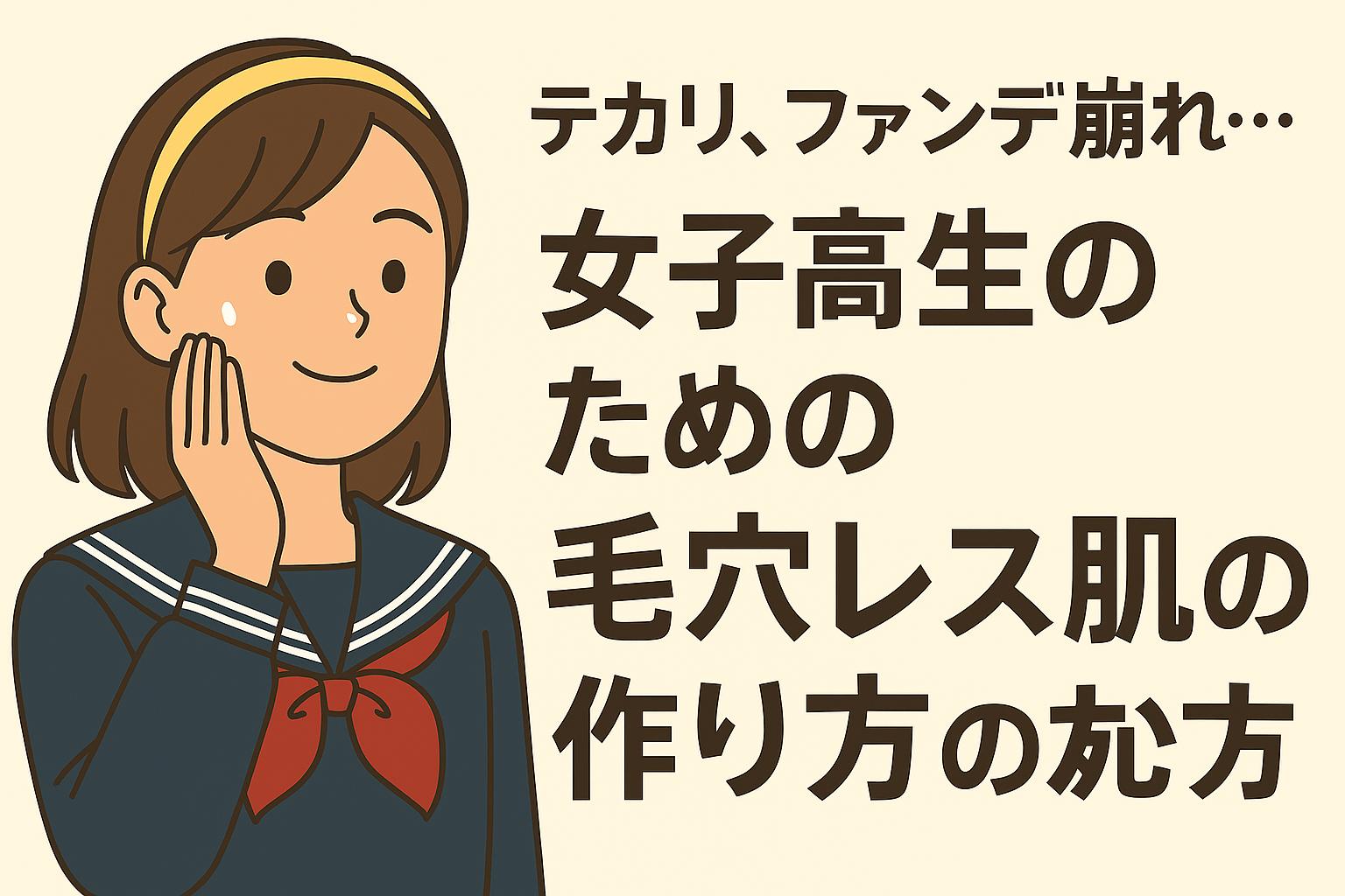 テカリや崩れを防いで透明感のある肌を目指す女子高生のイラスト