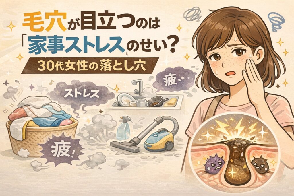 30代女性の家事ストレスが毛穴を目立たせる理由を解説した日本風2Dフラットイラスト。洗濯物や掃除道具に囲まれ疲れを感じる女性と、ストレスによって皮脂分泌や毛穴詰まりが進む毛穴断面図を組み合わせ、毛穴が目立つ仕組みを視覚的に表現している。