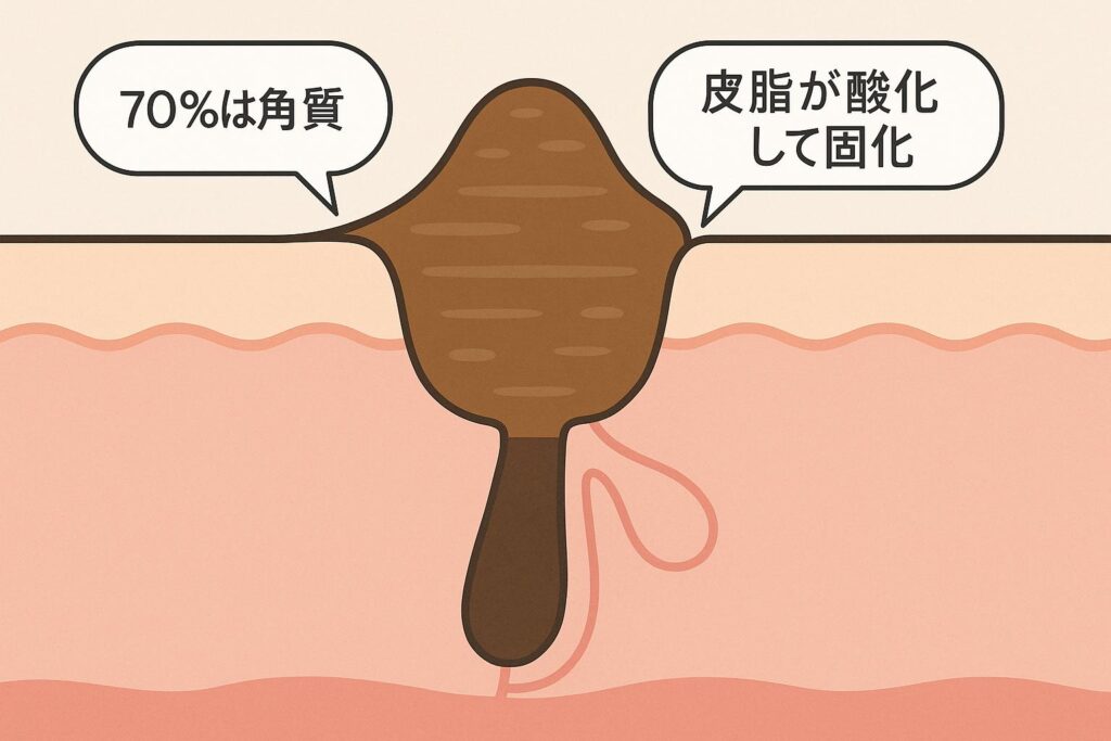 毛穴の断面図イラスト。毛穴内部に茶色い角栓が層状に詰まっている様子を描き、「70%は角質」「皮脂が酸化して固化」という吹き出しで角栓の成分と形成過程を示している。