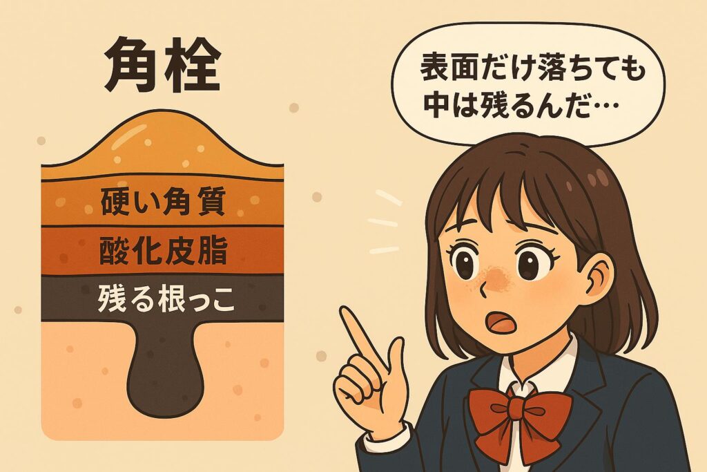 毛穴断面図の図解イラスト。
角栓が「外層=硬い角質」「中層=酸化皮脂」「内層=残る根っこ」に色分けされて表示されている。
隣で制服姿の女子高生が驚いた表情で「表面だけ落ちても中は残るんだ…」と解説している。