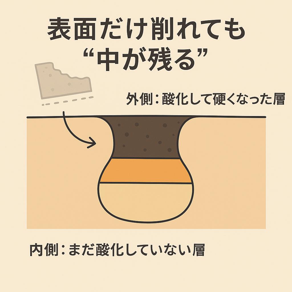 「角栓の層構造を示す断面イラスト。上部は酸化して硬くなった外層、中間は削れた跡、下部はまだ酸化していない層が描かれている。キャプションには『表面だけ削れても“中が残る”』と強調されている。」