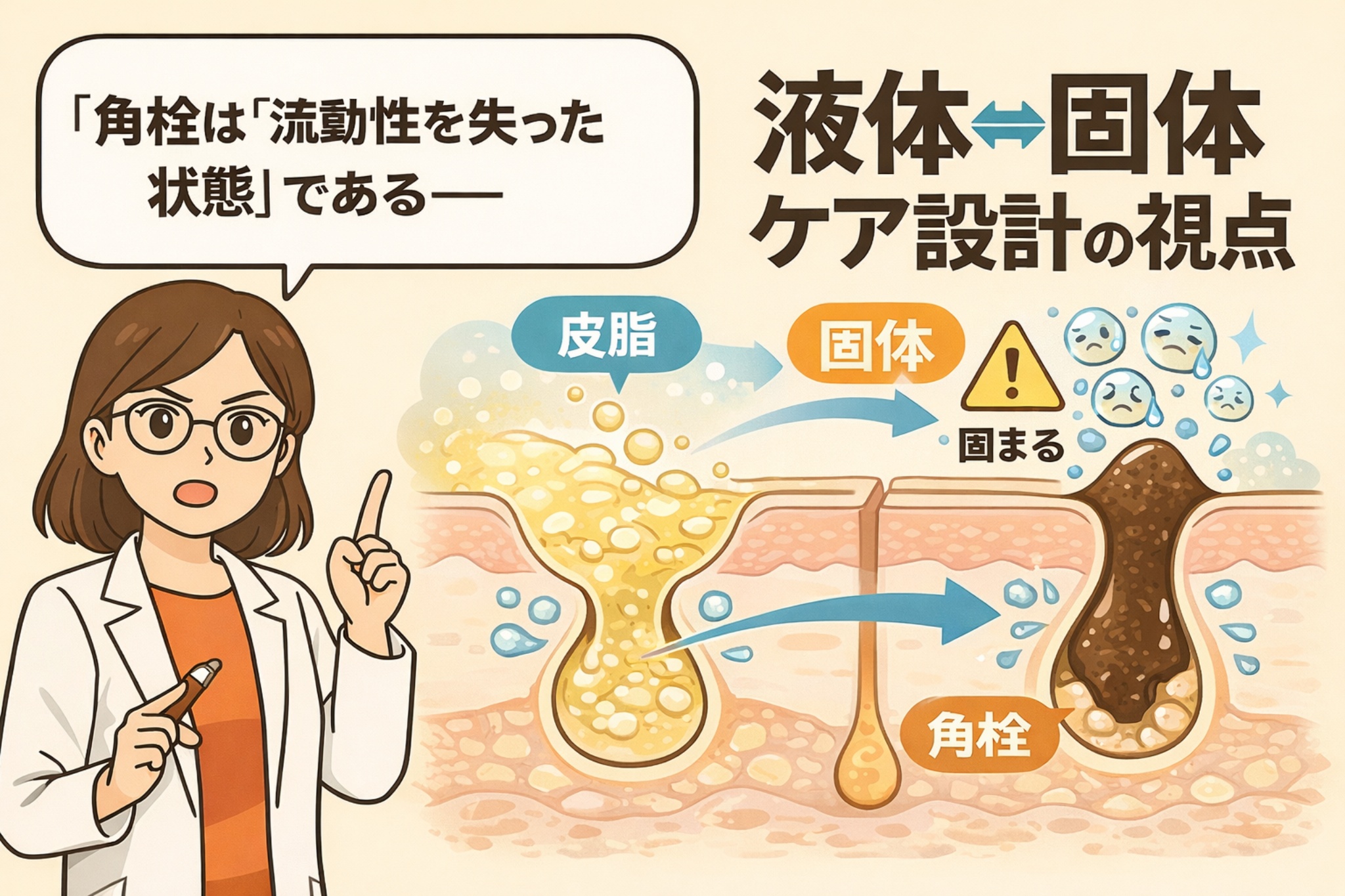 角栓は流動性を失った状態であることを、液体と固体の対比で解説する図解イラスト。左側では皮脂が液体として毛穴内を流れている様子、右側では皮脂が固体化して角栓として詰まる様子が描かれている。白衣の女性が指差しで説明し、角栓ケアは「液体⇄固体」という状態変化を前提に設計する必要があることを視覚的に伝えるビジュアル。