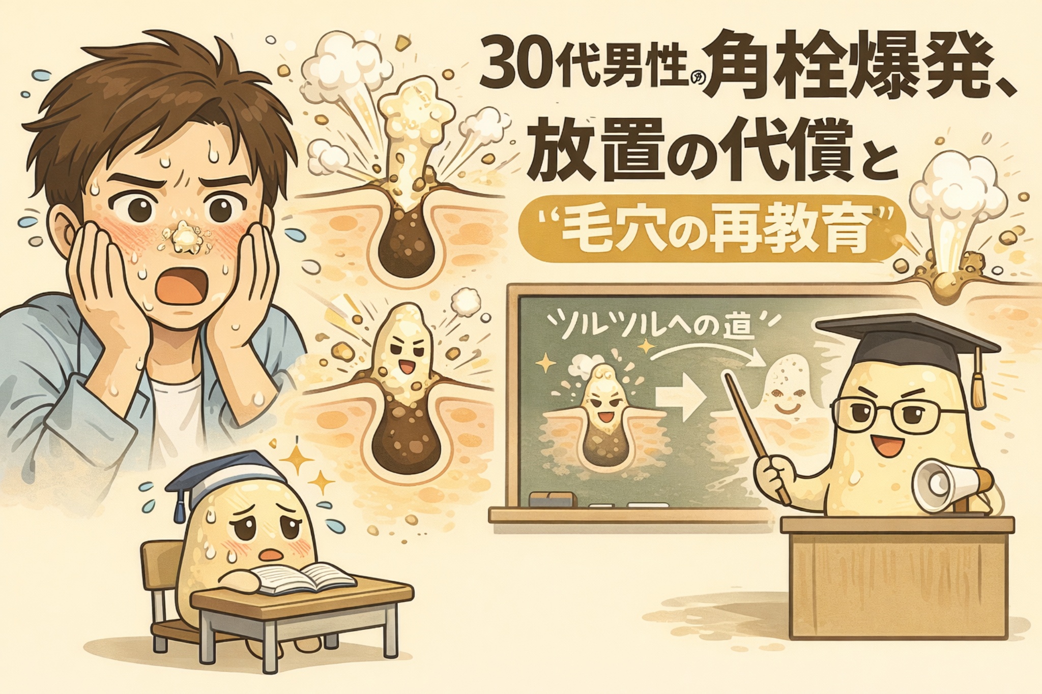 30代男性の角栓トラブルをテーマにした図解イラスト。左側では鼻の角栓が悪化して驚く男性と、毛穴から角栓が噴き出す様子が描かれている。右側では「毛穴の再教育」を示す黒板と、角栓キャラクターを指導する講師役のイラストが配置され、放置による角栓爆発と、正しいケアによる改善プロセスを対比的に表現している。角栓ケアの重要性をわかりやすく伝えるビジュアル。