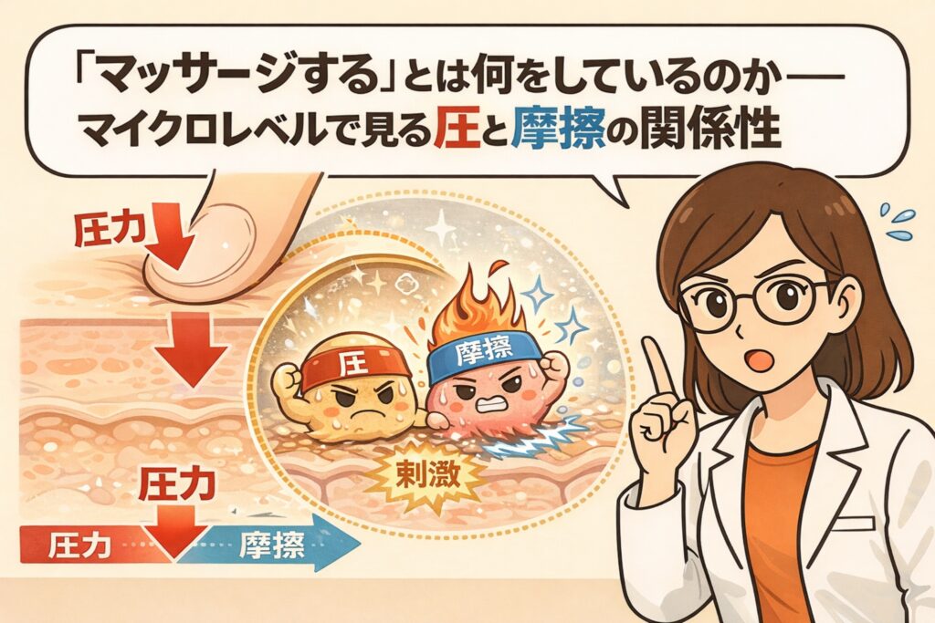 「マッサージする」とは何をしているのかを、圧と摩擦の違いをマイクロレベルで解説したイラスト。指で与える圧力が皮膚内部へ伝わる様子と、摩擦による刺激の違いを擬人化キャラクターで対比し、毛穴マッサージでは摩擦ではなく適切な圧が重要であることを白衣を着た女性が説明している。