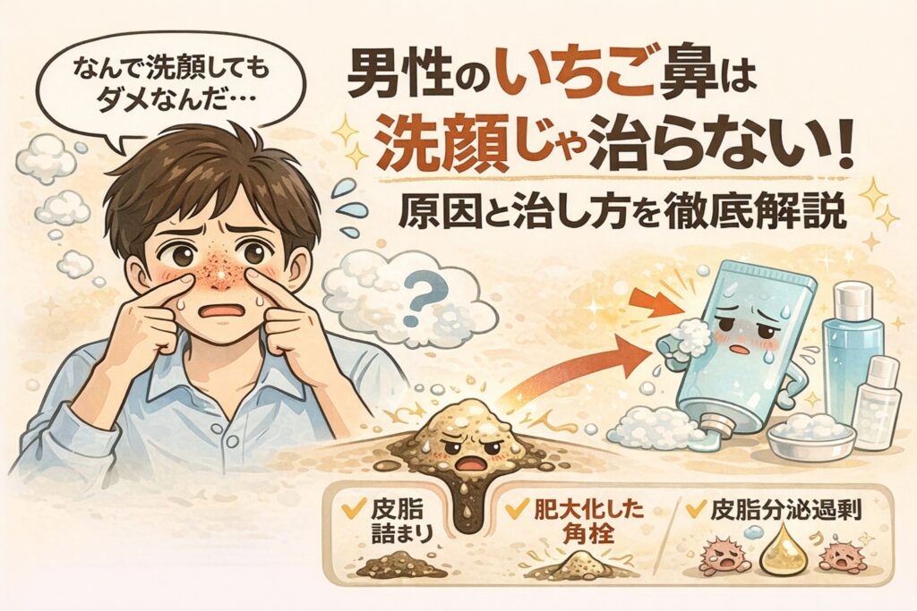 男性のいちご鼻は洗顔だけでは改善しにくい理由を解説したイラスト。皮脂詰まり、肥大化した角栓、皮脂分泌過剰といった要因を毛穴断面図で示し、洗顔料だけでは対処しきれない構造的な問題があることを、悩む男性の表情とともにわかりやすく表現している。