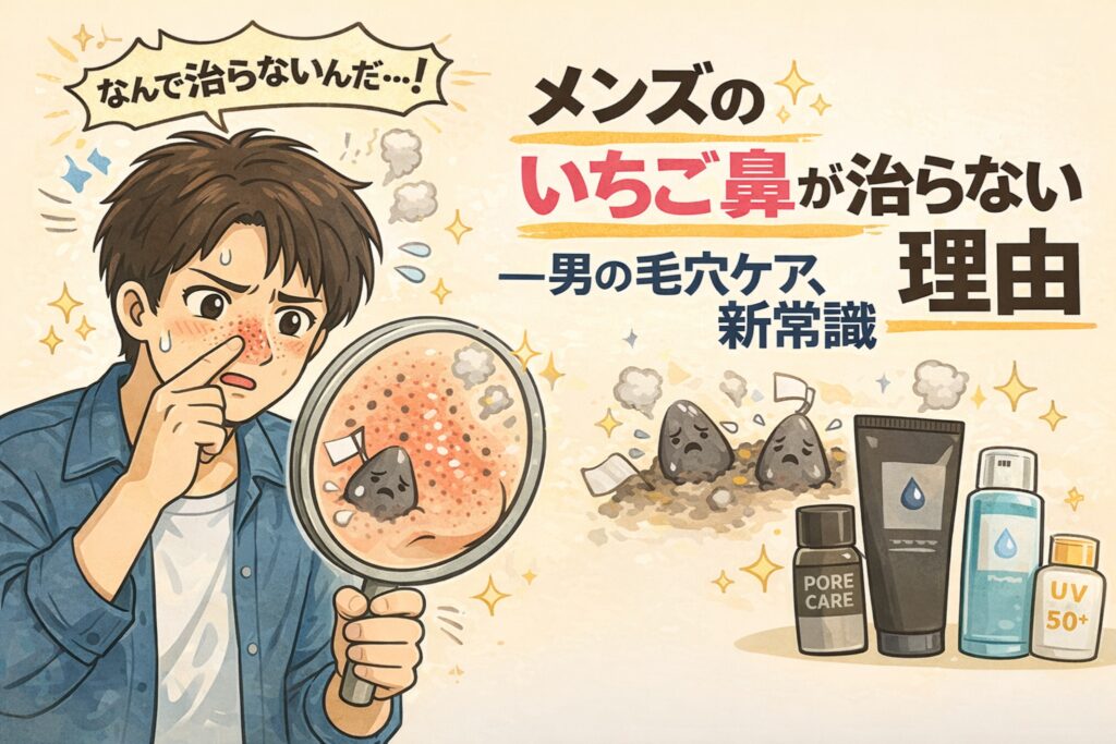 メンズのいちご鼻がなかなか治らない理由を解説するイラスト。鏡で鼻の黒ずみを確認して悩む男性と、拡大された毛穴断面図、角栓が残りやすい構造を示し、男性特有の皮脂量やケア習慣が黒ずみ改善を難しくしている点をわかりやすく表現している。