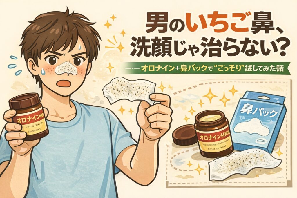 男性のいちご鼻が洗顔だけでは改善しにくい理由を、オロナインと鼻パックを使った検証イラストで表現した図解。角栓が目立つ鼻に悩む男性が、オロナインと鼻パックを使って詰まりを確認している様子を、やさしいタッチで描いている。