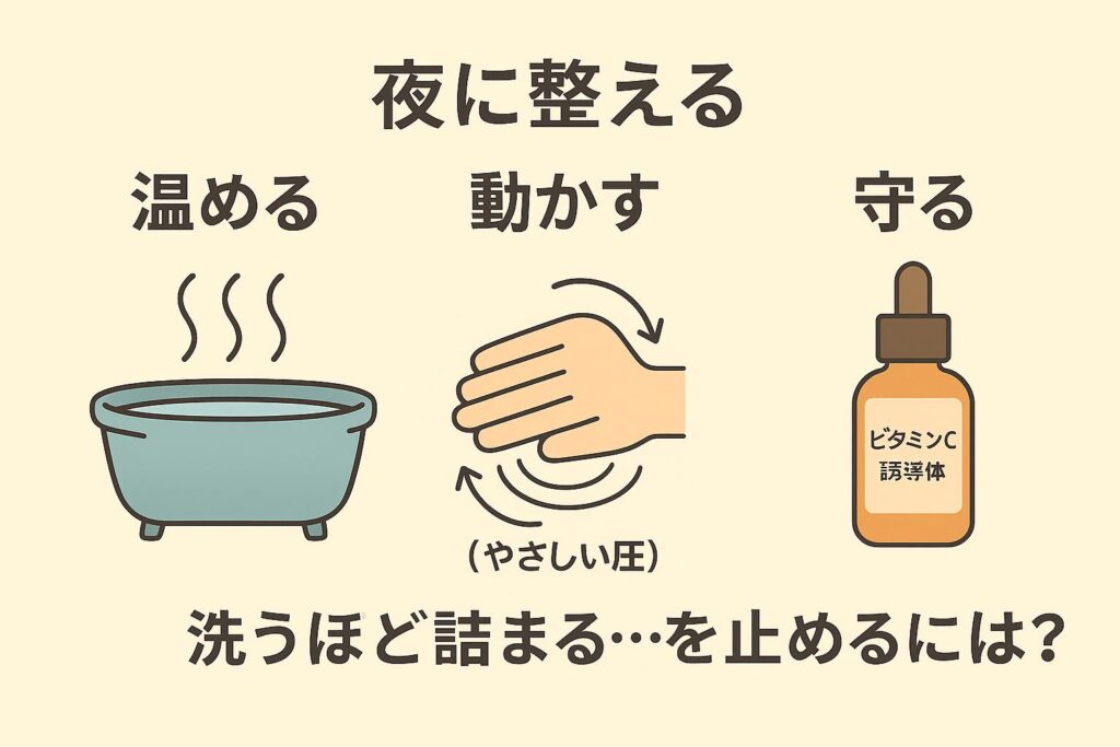 「夜の毛穴ケアルーティンを示す横並びの3ステップ図。左は湯気の立つ湯船で『温める』、中央は手のひらで円を描くように『やさしい圧で動かす』、右は『ビタミンC誘導体』の美容液ボトルで『守る』と表示。下部には『洗うほど詰まる…を止めるには？』のキャプション。」 