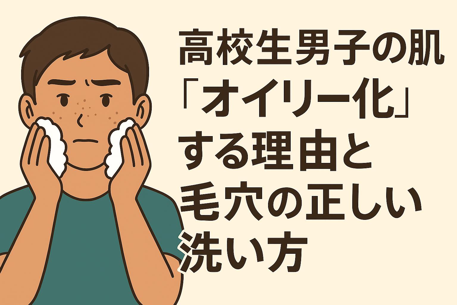 皮脂が増える高校生男子の肌と正しい洗顔をイメージしたイラスト