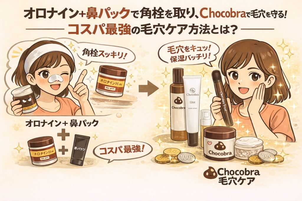 オロナインと鼻パックで角栓を一度リセットし、その後はChocobraの毛穴ケアで毛穴を守るという導線を解説したイラスト。初回の角栓除去と、ブラシ・ジェル・美容液による継続ケアを対比し、コスパ重視の毛穴ケア方法をわかりやすく示している。