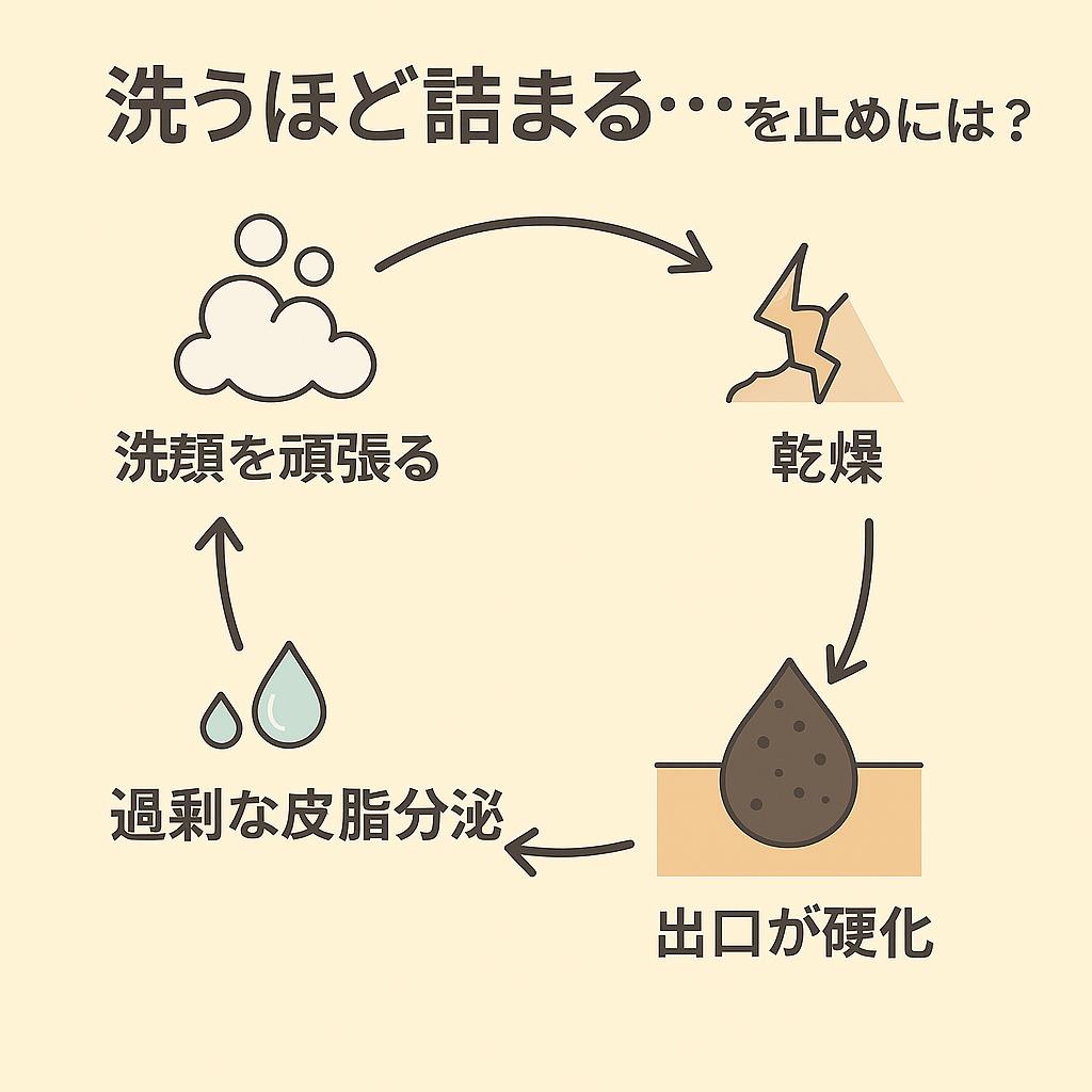 「洗顔のしすぎによる毛穴詰まりの悪循環を示す円環図。矢印でつながれた4つの要素が並び、泡の『洗顔を頑張る』→ひび割れの『乾燥』→水滴の『過剰な皮脂分泌』→詰まった毛穴の『出口が硬化』へと循環している。中央上部に『洗うほど詰まる…を止めるには？』と書かれている。」