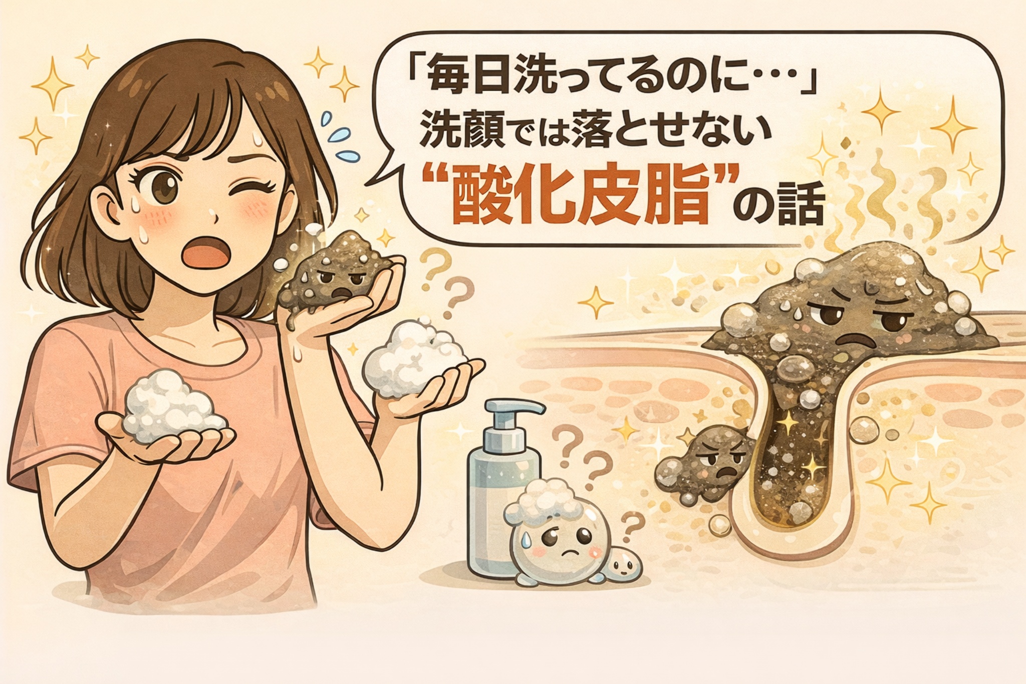 毎日洗顔していても落とせない「酸化皮脂」の仕組みを解説した図解イラスト。洗顔料の泡では除去しにくい酸化した皮脂が毛穴内に残る様子を、困った表情の人物、泡と皮脂の対比、毛穴断面図と擬人化キャラクターでわかりやすく示している。