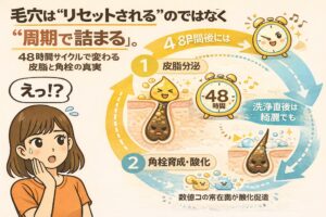 毛穴はリセットされるのではなく、約48時間の周期で皮脂分泌と角栓形成を繰り返すことを解説した図解イラスト。洗顔直後はきれいでも、皮脂分泌→角栓の成長と酸化が進行する流れを、時計アイコンと毛穴断面、擬人化キャラクターでわかりやすく示している。