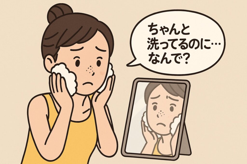 「泡洗顔をしている女性が鏡を見ながら鼻の黒ずみに落ち込む様子。吹き出しには『ちゃんと洗ってるのに…なんで?』と表示され、洗顔しても黒ずみが消えない悩みを表現したイラスト。」