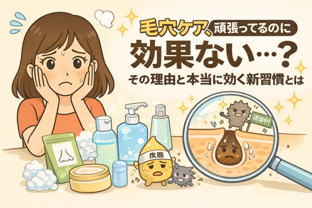 毛穴ケアを頑張っているのに効果を感じられない理由を解説するイラスト。スキンケア用品に囲まれて悩む女性と、毛穴内部で皮脂や角栓が滞留している様子をルーペで示し、表面的なケアだけでは改善しにくい構造的な問題と、本当に必要な新習慣を分かりやすく表現している。