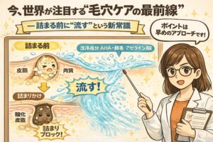 毛穴ケアの最新トレンドとして「詰まる前に流す」という考え方を解説したイラスト。皮脂と角質が混ざって詰まりかける毛穴と、AHA・酵素・アゼライン酸などの洗浄成分で早めに流される流れを対比し、白衣の女性がポイントを説明している。酸化して黒ずむ前の早期アプローチの重要性を視覚的に示している。