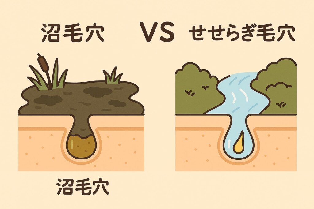 「毛穴を『沼毛穴』と『せせらぎ毛穴』で対比したイラスト。左はドロドロとした沼に皮脂が滞留する毛穴、右は透明なせせらぎのように皮脂が自然に流れる毛穴。キャッチーに毛穴状態の違いを表現している。」