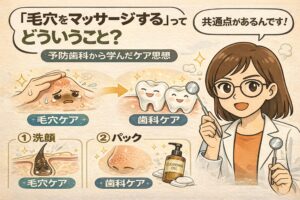 「毛穴をマッサージする」とは何かを、予防歯科の考え方と対比しながら解説したイラスト。毛穴ケアと歯科ケアの共通点を示し、洗顔やパックによる一時的な対処ではなく、日常的にやさしい刺激で流れを整えるケア思想を、白衣を着た女性が器具を持って説明している。