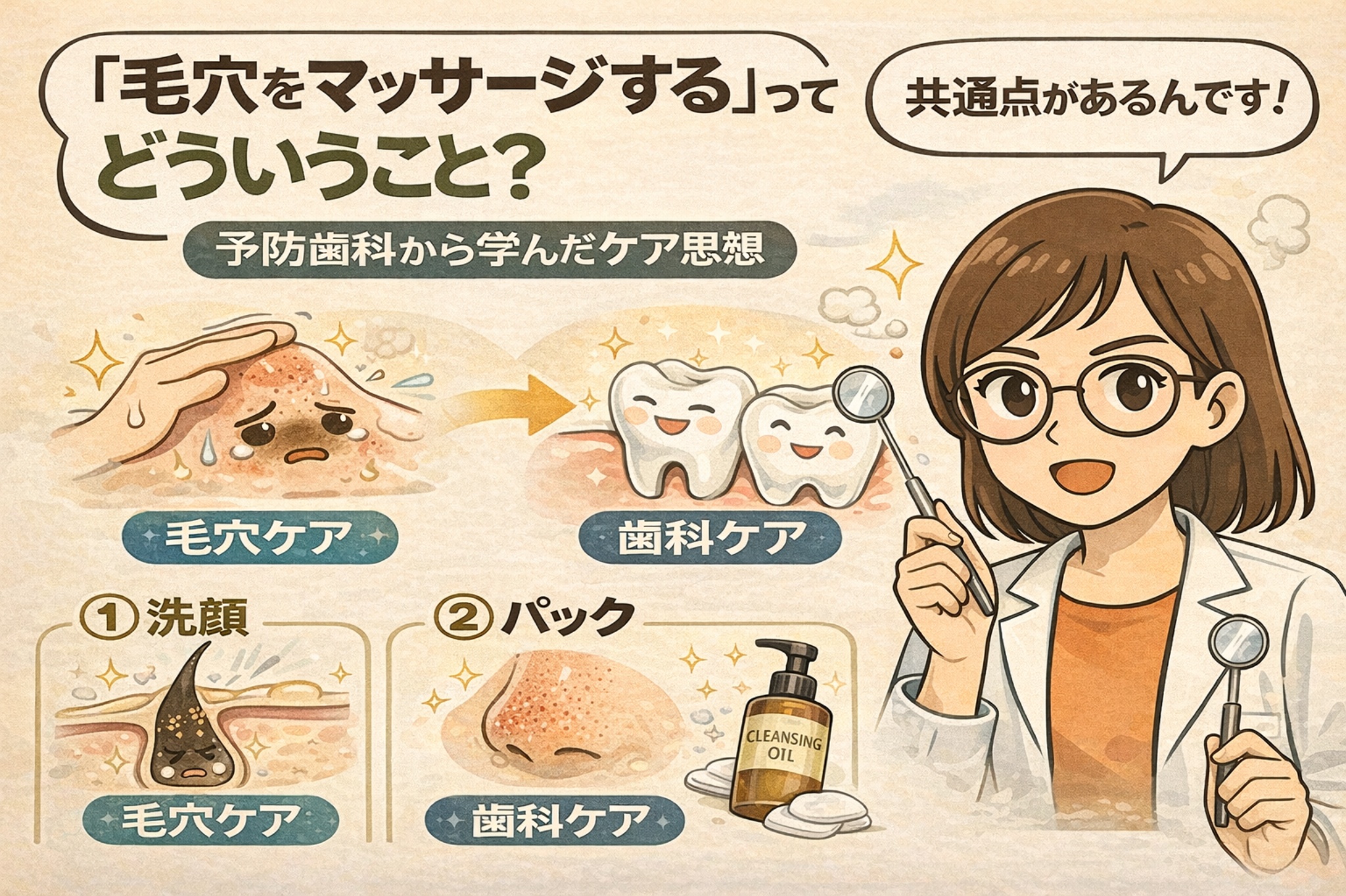 「毛穴をマッサージする」とは何かを、予防歯科の考え方と対比しながら解説したイラスト。毛穴ケアと歯科ケアの共通点を示し、洗顔やパックによる一時的な対処ではなく、日常的にやさしい刺激で流れを整えるケア思想を、白衣を着た女性が器具を持って説明している。