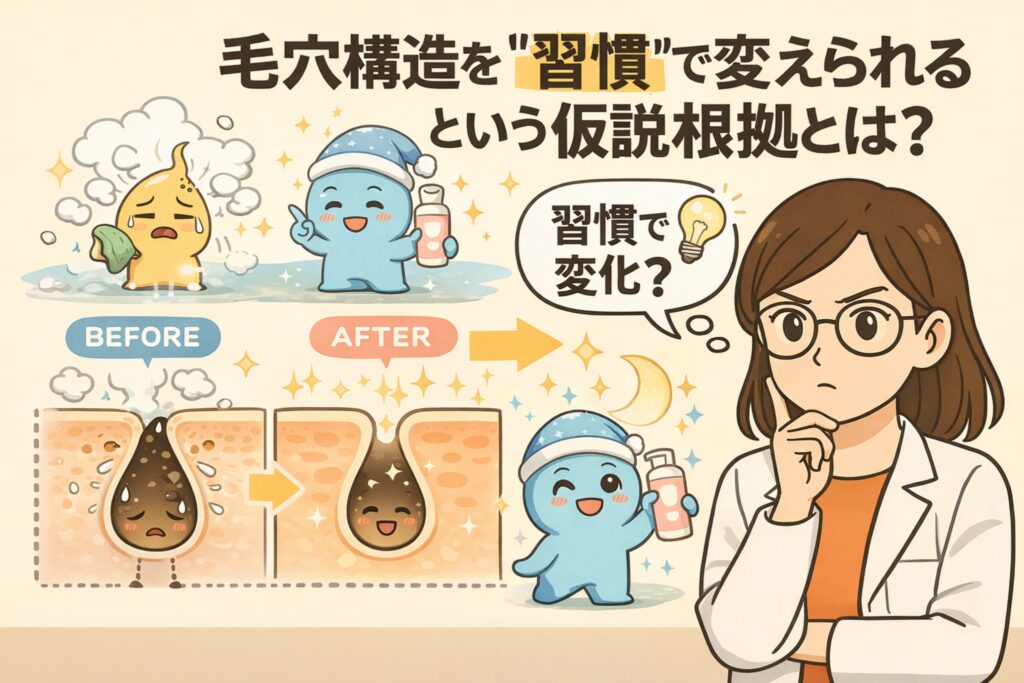 毛穴構造は習慣によって変えられるという仮説を解説するイラスト。ビフォーアフターで角栓が詰まった毛穴と整った毛穴構造を対比し、夜のスキンケア習慣を象徴するキャラクターとともに、白衣を着た女性が「習慣で変化？」と考察している構図。