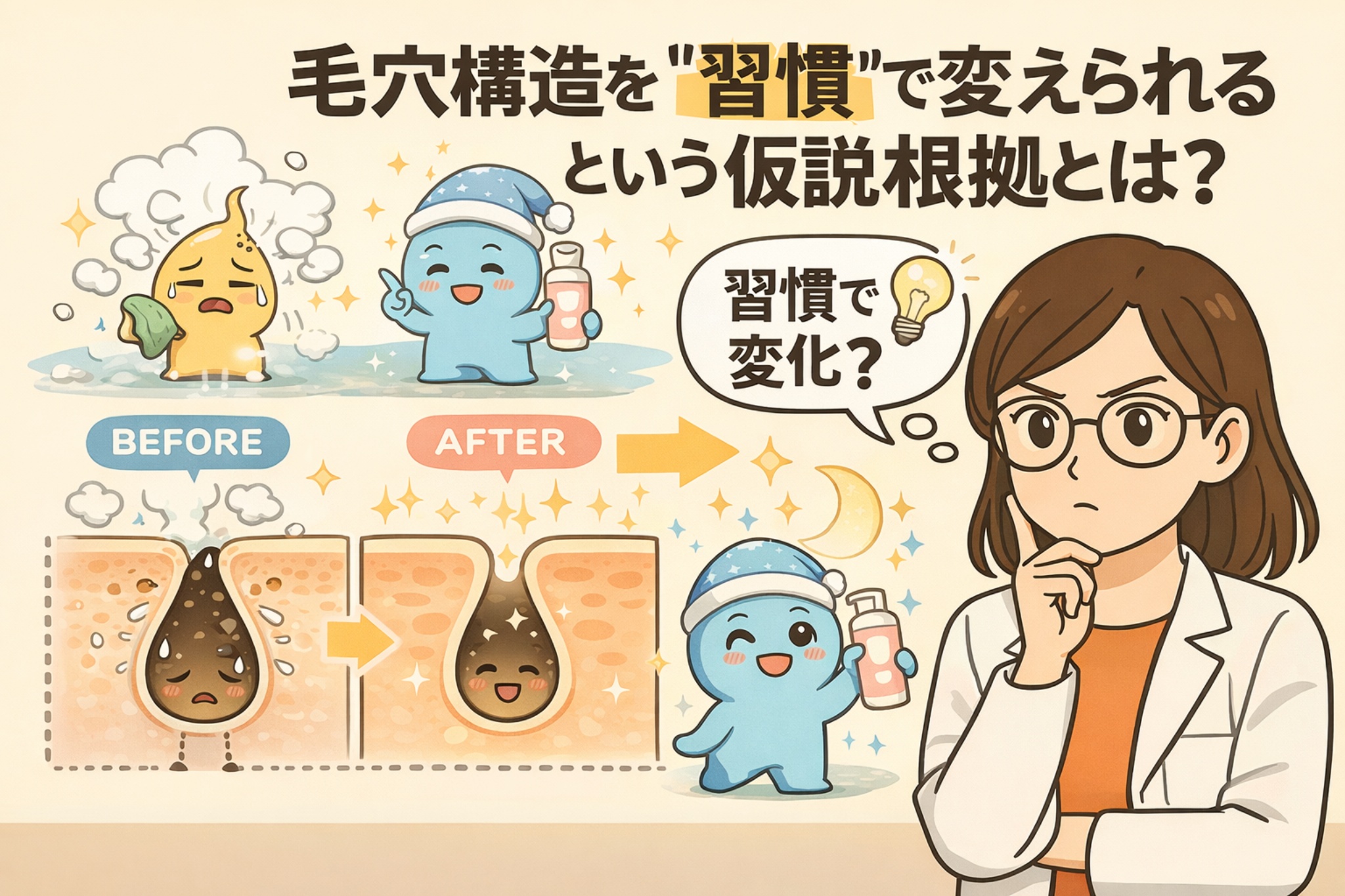 毛穴構造は習慣によって変えられるという仮説を解説するイラスト。ビフォーアフターで角栓が詰まった毛穴と整った毛穴構造を対比し、夜のスキンケア習慣を象徴するキャラクターとともに、白衣を着た女性が「習慣で変化？」と考察している構図。