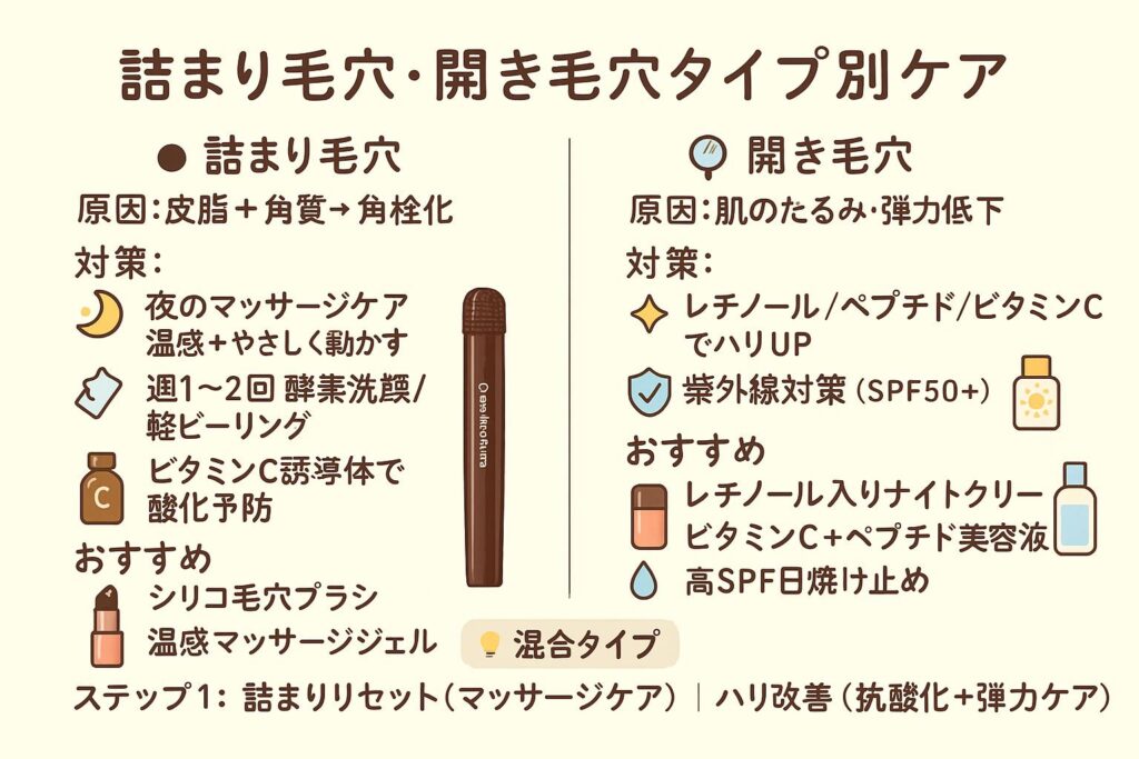 「詰まり毛穴・開き毛穴タイプ別ケア」の日本語インフォグラフィック。 左側は詰まり毛穴の原因（皮脂＋角質→角栓化）と対策（夜のマッサージケア、酵素洗顔、ビタミンC誘導体）、おすすめアイテム（シリコ毛穴ブラシ、温感マッサージジェル）を表示。 右側は開き毛穴の原因（肌のたるみ・弾力低下）と対策（レチノール、ペプチド、ビタミンC、紫外線対策）、おすすめアイテム（ナイトクリーム、美容液、日焼け止め）を紹介。 中央下には混合タイプのケア方針も記載されている