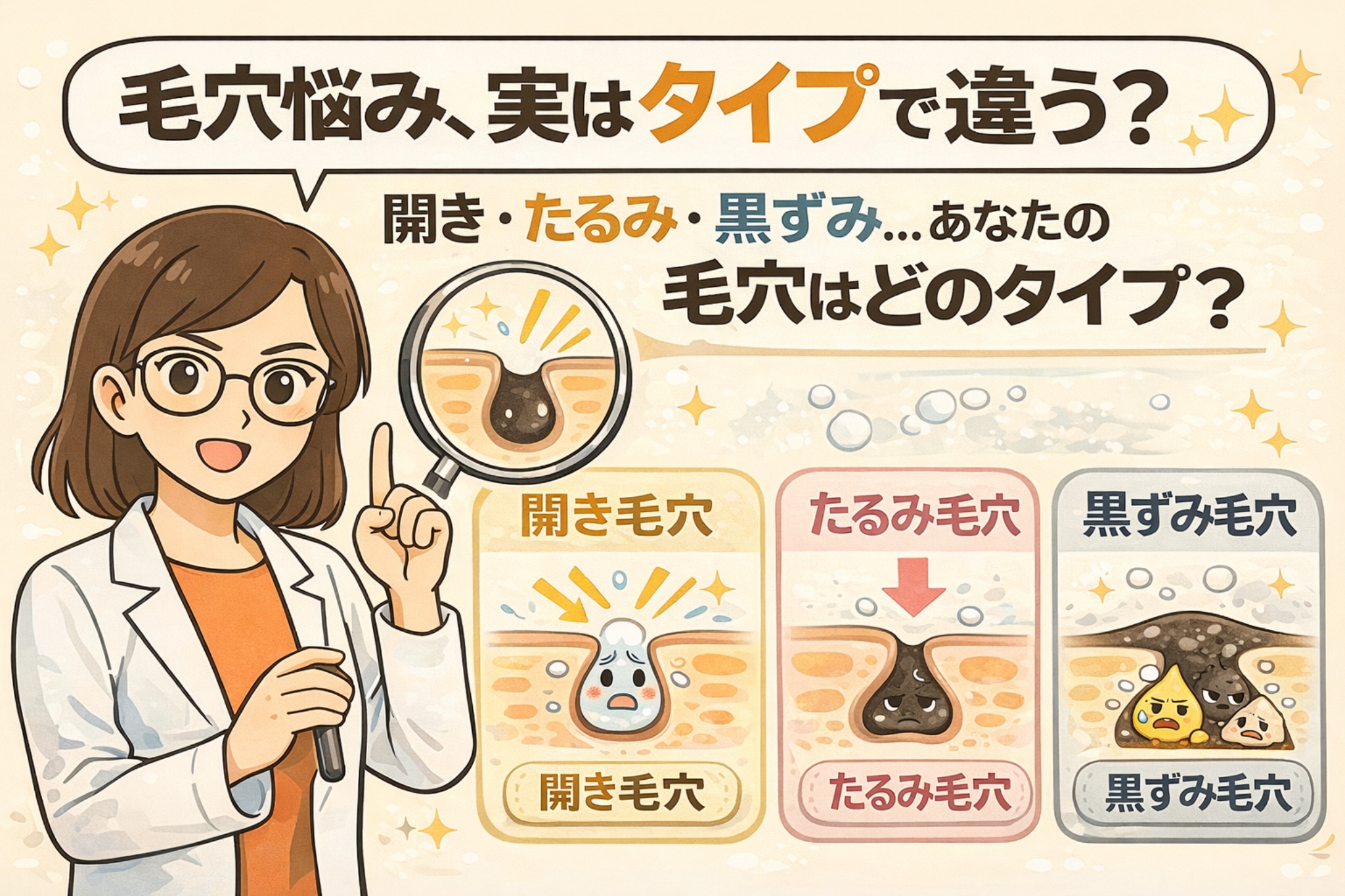 毛穴悩みはタイプによって異なることを解説するイラスト。白衣の女性がルーペで毛穴を示しながら、開き毛穴・たるみ毛穴・黒ずみ毛穴の3タイプを毛穴断面図と擬人化キャラクターで比較し、自分の毛穴タイプを見極める重要性を分かりやすく伝えている。