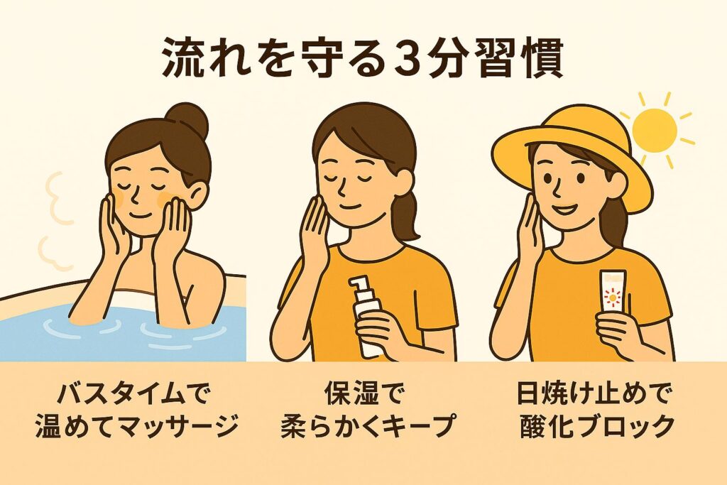 「流れを守る3分習慣」と題した生活シーンのイラスト。
左:バスタイムで顔を温めながらマッサージする女性。
中央:保湿で肌を柔らかくキープする女性。
右:日焼け止めを塗って酸化をブロックする女性(帽子をかぶり太陽の下にいる)。
毛穴ケアの毎日の習慣を分かりやすく示した図。