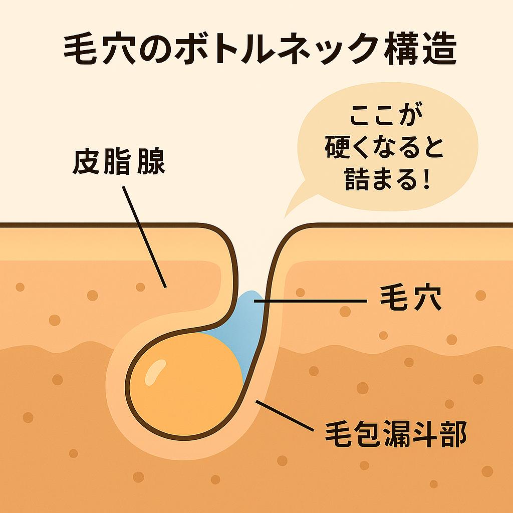 「毛穴のボトルネック構造」とタイトルがついた断面イラスト。皮脂腺から毛穴トンネルに皮脂が流れる様子を示し、出口の狭い部分(毛包漏斗部)に吹き出しで「ここが硬くなると詰まる!」と書かれている。毛穴詰まりの原因を視覚的に説明している図。