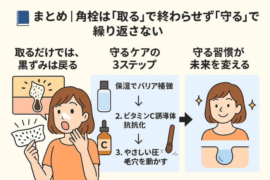 「まとめ|角栓は『取る』で終わらせず『守る』で繰り返さない」と題したまとめ図解。
左:鼻パックで角栓を取って驚く女性と「取るだけでは黒ずみは戻る」の文字
中央:守るケア3ステップ(①保湿でバリア補強 ②ビタミンC誘導体で抗酸化 ③やさしい圧で毛穴を動かす)をアイコン付きで解説
右:毛穴が整い、笑顔の女性が描かれ「守る習慣が未来を変える」の文字