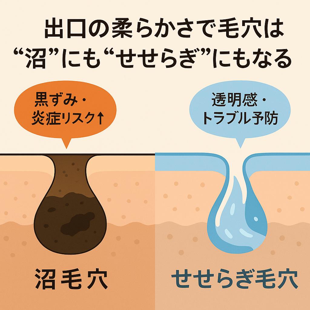 「出口の柔らかさで毛穴は“沼”にも“せせらぎ”にもなる」と書かれた比較イラスト。左は黒ずみや炎症リスクが高い“沼毛穴”として濁った皮脂が詰まった毛穴を描写。右は透明感とトラブル予防ができる“せせらぎ毛穴”として澄んだ水が流れる毛穴を描写し、対比で毛穴状態の違いを表現している。