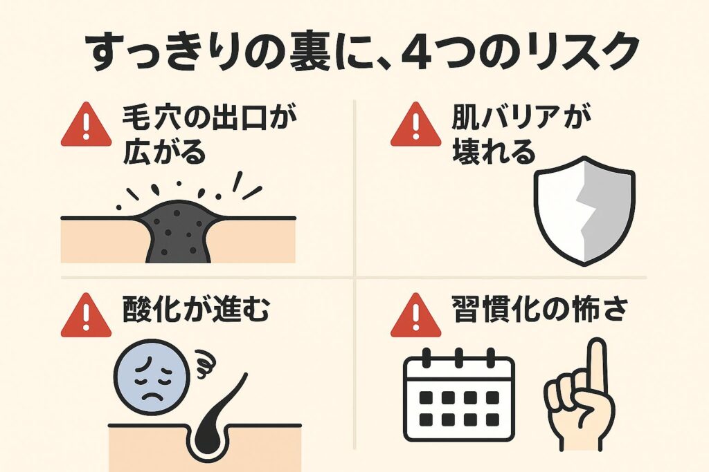 「すっきりの裏に、4つのリスク」と題された図解イラスト。毛穴の断面図やアイコンとともに、以下のリスクが表示されている:
🚨 毛穴の出口が広がる
🚨 肌バリアが壊れる(盾のアイコン)
🚨 酸化が進む(酸化した毛穴のイラスト)
🚨 習慣化の怖さ(カレンダーと指差しアイコン)