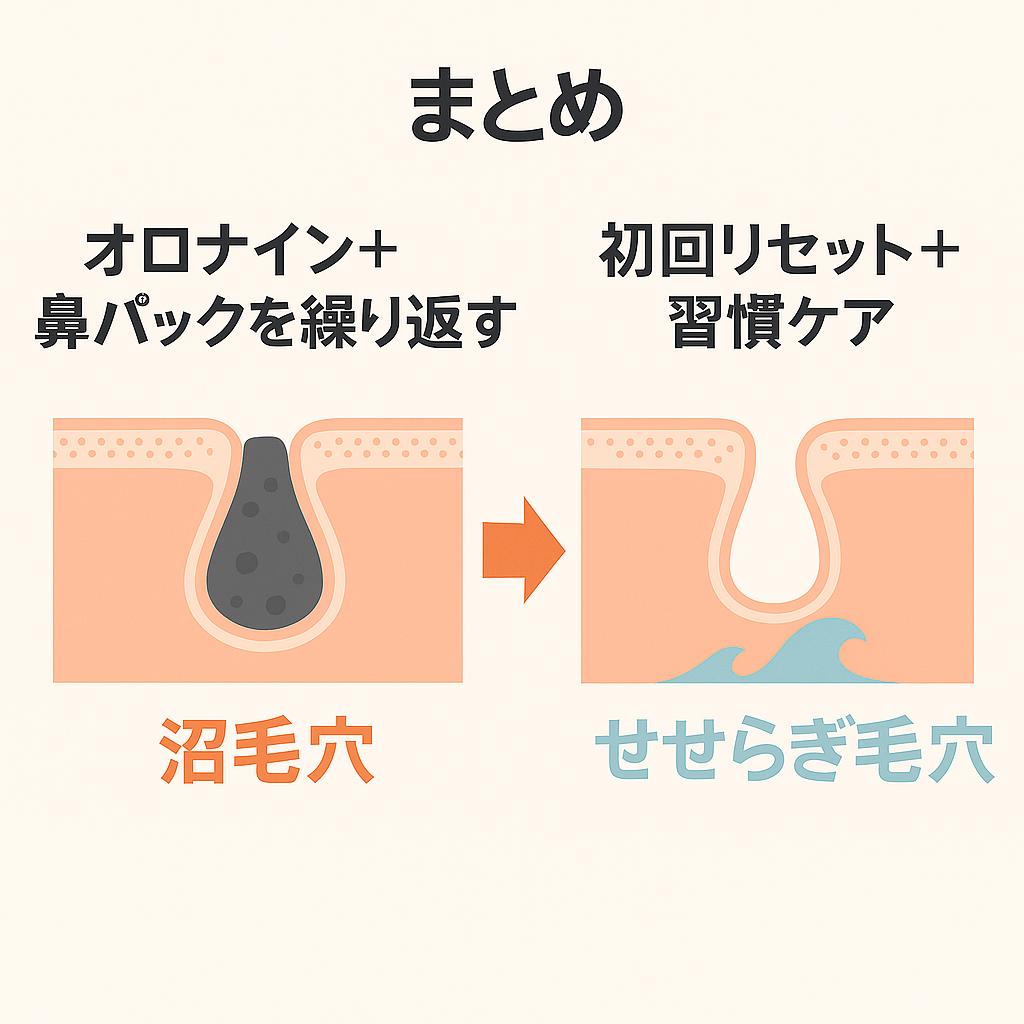 「まとめ」というタイトルの比較図。
左側:「オロナイン+鼻パックを繰り返す」→ 沼毛穴(黒い角栓が詰まった毛穴断面イラスト)
右側:「初回リセット+習慣ケア」→ せせらぎ毛穴(水の流れで清潔に保たれている毛穴断面イラスト)
中央の矢印が、2つの結果の対比を強調している。
👉 記事全体の結論を直感的に整理し、「繰り返すリスク」と「正しい導線」を一目で理解させる構成。