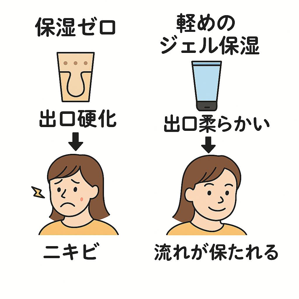 「保湿ゼロ」と「軽めのジェル保湿」を比較した日本語イラスト。
左側は保湿をしないことで毛穴の出口が硬化し、詰まりやすくなってニキビにつながる様子。
右側は軽いジェルで保湿することで毛穴の出口が柔らかく保たれ、皮脂の流れがスムーズになり健やかな肌が保たれる様子。