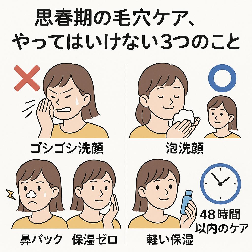 「思春期の毛穴ケア、やってはいけない3つのこと」という日本語の教育用イラスト。左側に赤いバツ印と共に「ゴシゴシ洗顔」「鼻パック」「保湿ゼロ」のNG行為、右側に青い丸印と共に「泡洗顔」「軽い保湿」「48時間以内のケア」の正しい習慣が描かれている。思春期向けに正しい毛穴ケアを視覚的に比較して説明している図。