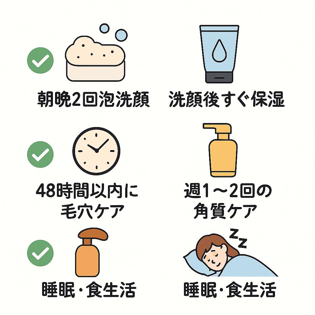 毛穴ケアの正しい習慣をまとめた日本語チェックリストイラスト。
🧼 朝晩2回泡洗顔
💧 洗顔後すぐ保湿
🕒 48時間以内に毛穴ケア
🧴 週1〜2回の角質ケア
😴 睡眠・食生活

それぞれの項目がアイコンと一緒に描かれ、日常ルーティンとして視覚的に理解できる構成。