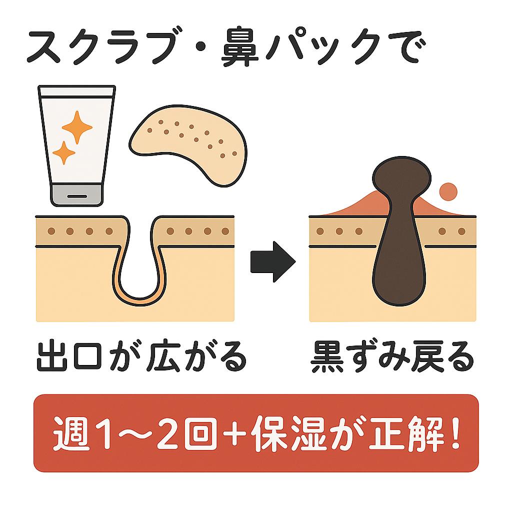 「スクラブ・鼻パックで出口が広がる → 黒ずみ戻る」を示す日本語イラスト。
左側にスクラブチューブと鼻パック、広がった毛穴の断面図。
右側に黒ずみが再発した毛穴の断面図。
下部には「週1〜2回＋保湿が正解！」と強調され、中高生に正しい使用頻度と保湿の重要性を伝えている。 