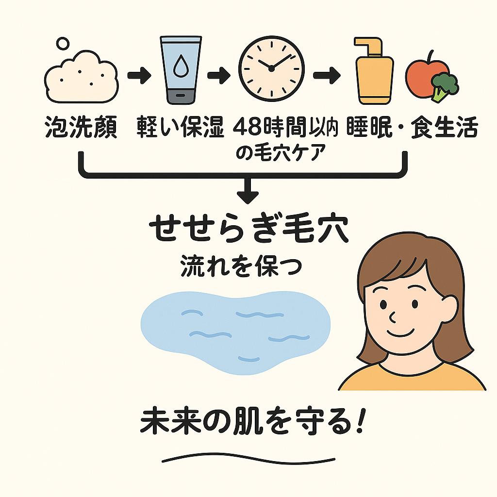 毛穴ケアの正しい習慣をまとめた日本語フローチャート風イラスト。
泡洗顔 → 軽い保湿 → 48時間以内の毛穴ケア → 週1〜2回の角質ケア → 睡眠・食生活 という流れで、
「せせらぎ毛穴＝流れを保つ」ことがゴールとして示され、最後に「未来の肌を守る！」と強調されている。