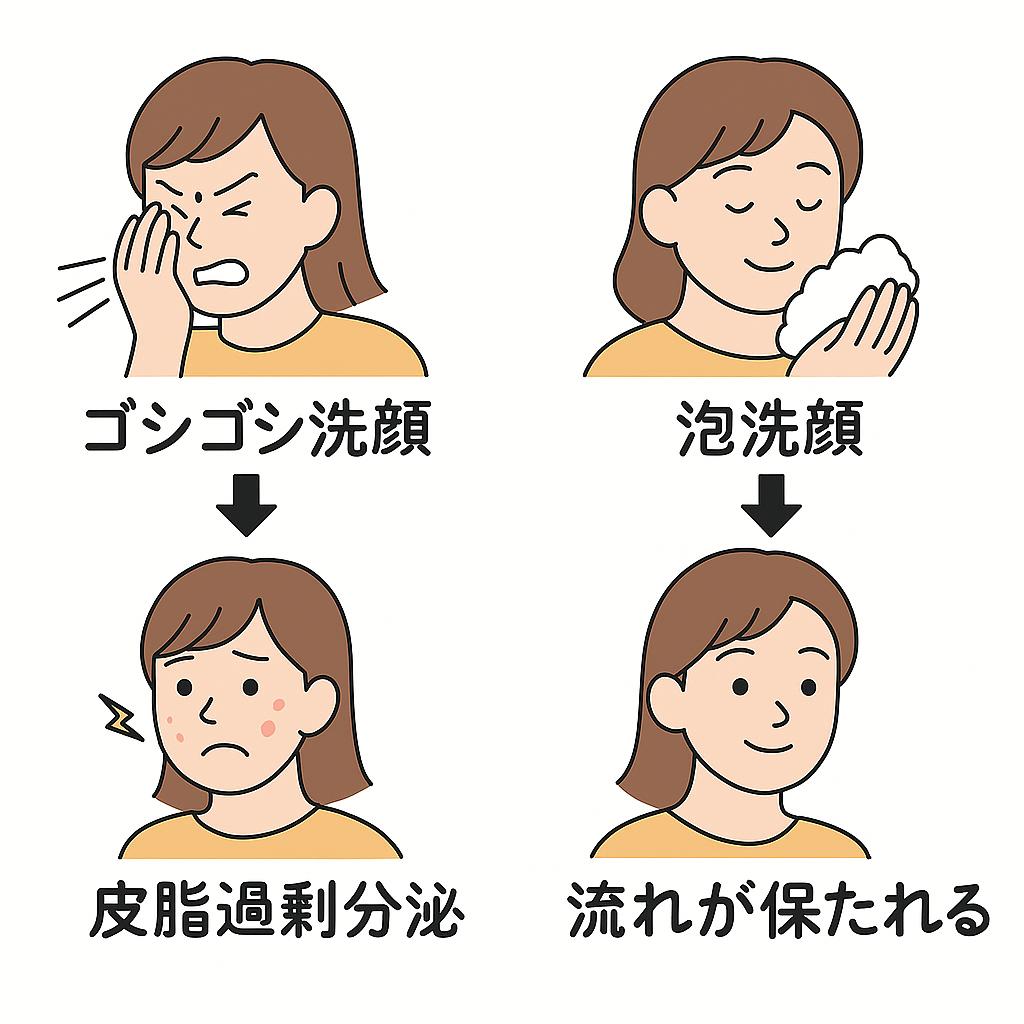 「ゴシゴシ洗顔」と「泡洗顔」の比較を示す日本語イラスト。
左側は強くこすって洗う女性が描かれ、その結果「皮脂過剰分泌」やニキビにつながる様子。
右側は泡でやさしく洗顔する女性が描かれ、「流れが保たれる」ことで健やかな肌が維持されている様子。 
