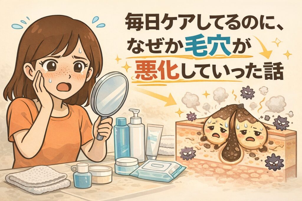 毎日スキンケアをしているのに、なぜか毛穴が悪化していく理由を解説した図解イラスト。鏡を見て毛穴の変化に悩む女性と、毛穴内部で皮脂や角栓が蓄積し炎症や詰まりが進行している様子を対比し、ケア方法の見直しが必要であることを示している。