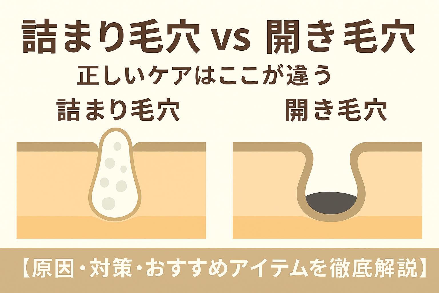 「詰まり毛穴 vs 開き毛穴──正しいケアはここが違う」と題した横長アイキャッチ画像。 左側には角栓が詰まった毛穴の断面図、右側には出口が広がった毛穴の断面図を配置。 下部に「【原因・対策・おすすめアイテムを徹底解説】」と副題が記載されている。