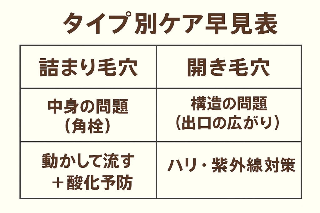 「タイプ別ケア早見表」と題した日本語の表形式インフォグラフィック。

左列（詰まり毛穴）：中身の問題（角栓） → 対策＝動かして流す＋酸化予防。

右列（開き毛穴）：構造の問題（出口の広がり） → 対策＝ハリ・紫外線対策。
シンプルで横長レイアウト、保存やシェアに適した整理されたデザイン。
