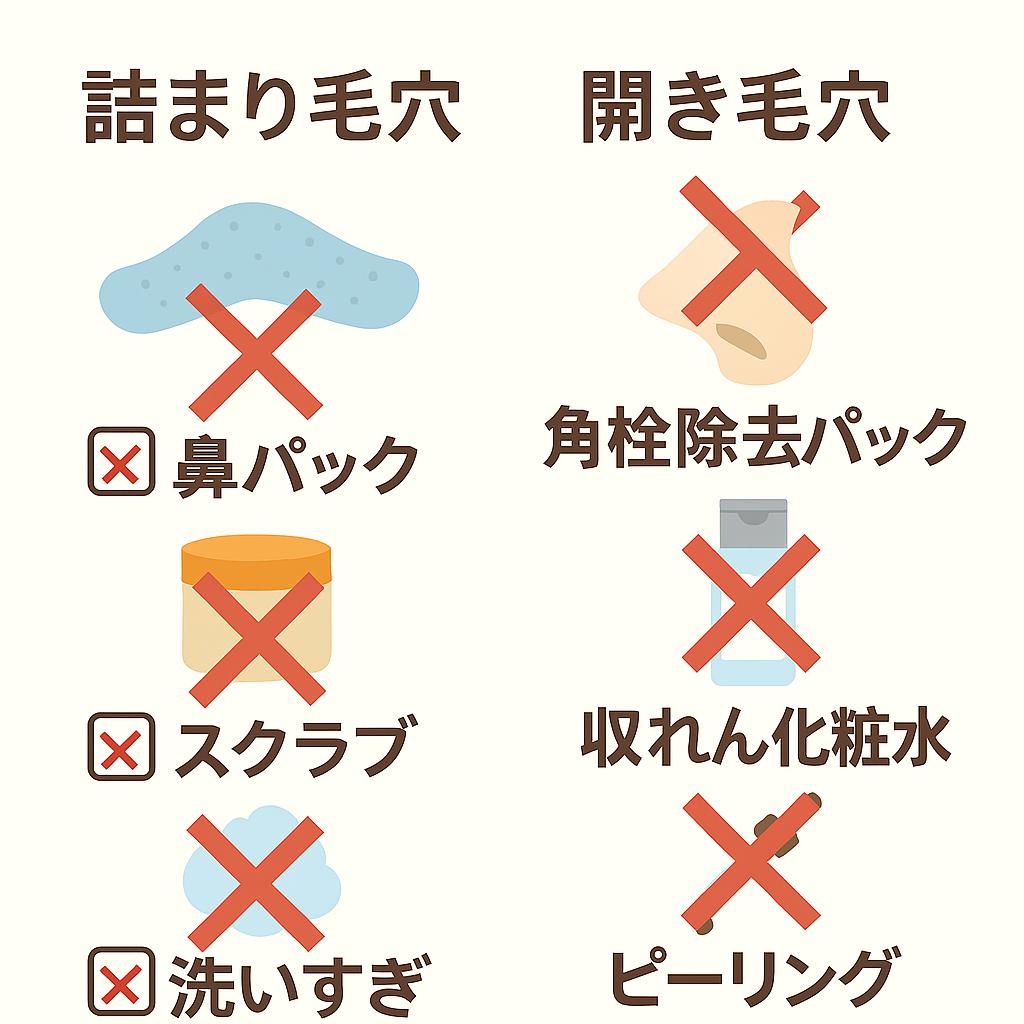詰まり毛穴と開き毛穴における「NGケア」をまとめた比較図。

左（詰まり毛穴）：鼻パック、スクラブ、洗いすぎ（赤い×マーク付き）。

右（開き毛穴）：角栓除去パック、収れん化粧水、ピーリング（赤い×マーク付き）。
危険なケア方法を強調するデザイン。