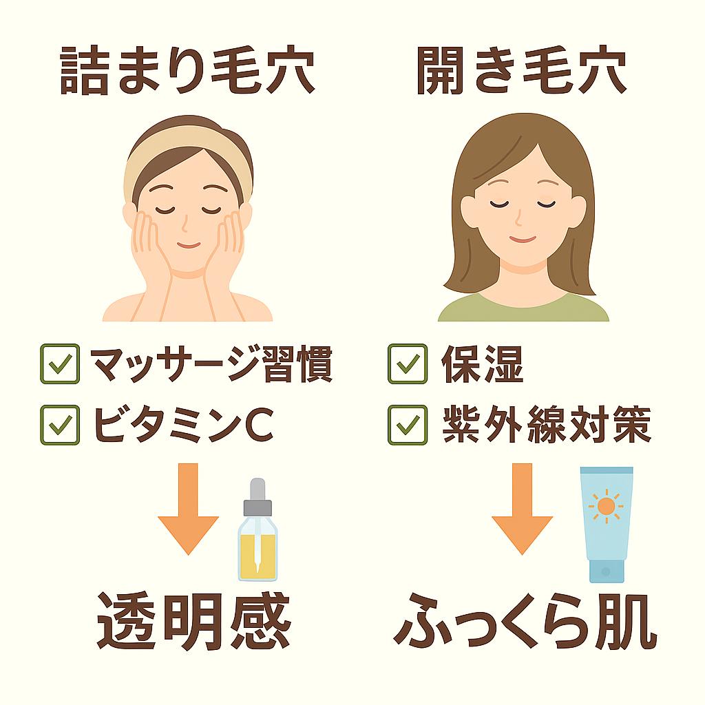 詰まり毛穴と開き毛穴における「OKケア」をまとめたイラスト。

左（詰まり毛穴）：マッサージ習慣とビタミンCで透明感を目指す。

右（開き毛穴）：保湿と紫外線対策でふっくら肌を目指す。
それぞれの女性の顔イラストとスキンケアアイコンが配置され、ポジティブな未来像を示している。