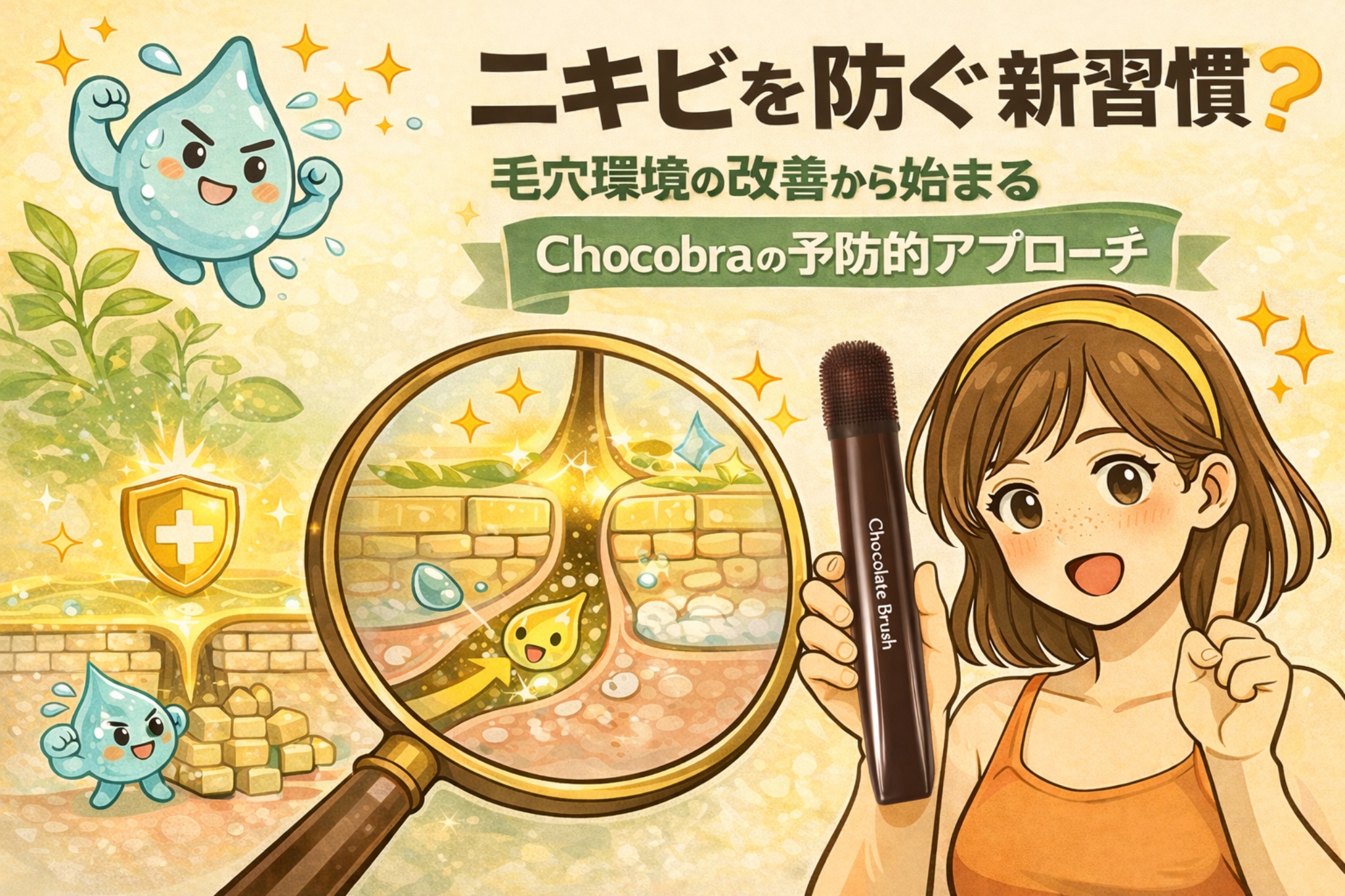 ニキビを防ぐ新しい習慣として、毛穴環境の改善から始める予防的アプローチを示したイラスト。毛穴内部で皮脂が滞らず流れている様子を拡大図で描き、Chocobraのブラシを使った日常ケアがニキビ予防につながることを、明るい表情の女性とともに表現している。