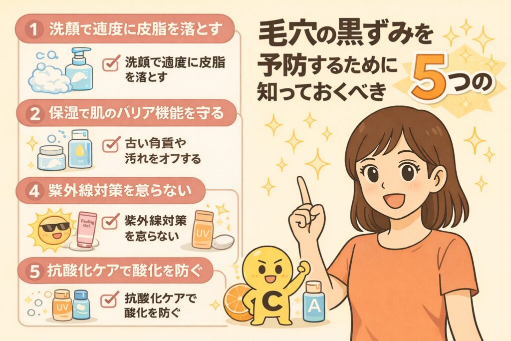 毛穴の黒ずみを予防するために知っておくべき5つのスキンケア習慣をまとめた図解イラスト。洗顔、保湿、紫外線対策、抗酸化ケアなどのポイントを、女性キャラクターとアイコンで分かりやすく解説している。