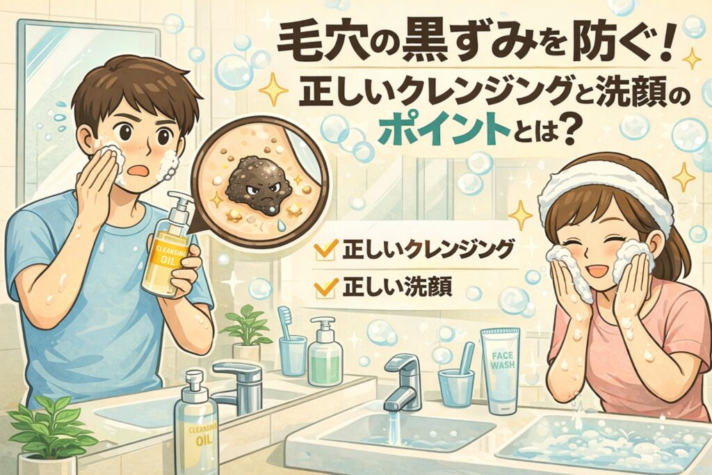 毛穴の黒ずみを防ぐための正しいクレンジングと洗顔のポイントを解説するイラスト。洗面台でクレンジングオイルと洗顔料を使う男女の様子と、毛穴内部に残る角栓の拡大図を並べ、正しい手順で汚れや皮脂を落とす重要性をわかりやすく示している毛穴ケア解説画像。